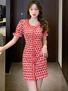 2023 Красное Шифоновое платье с цветочным рисунком, Шикарное Мини-платье с гофрированным воротником, Летнее Элегантное Облегающее платье с рукавом-бабочкой, Женское Модное платье Kawaii
