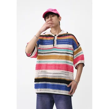 2023 Новая мужская повседневная трикотажная рубашка поло в разноцветную полоску, полый пуловер с коротким рукавом, мужские модные футболки на пуговицах, облегающие футболки