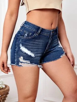 2023 Новые женские рваные обтягивающие джинсовые шорты, модные сексуальные стрейчевые короткие джинсы, летняя женская одежда S-2XL, прямая поставка