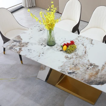 71-дюймовый модный современный обеденный стол Pandora из спеченного камня， Цвет Pandora + золото