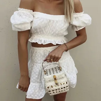 TEELYNN белый кружевной мини-комплект из двух предметов, женский 2020 винтажный укороченный топ, мини-юбка, хлопковые летние платья, костюм boho beach vestidos