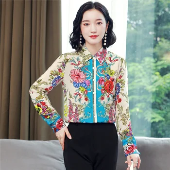 TingYiLi, винтажные атласные рубашки с цветочным рисунком, весна-осень, Женские рубашки с длинным рукавом, на пуговицах, Элегантные офисные женские топы в корейском стиле