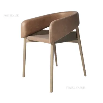 Дизайнерские обеденные стулья для ресторана из массива дерева, Простой современный кабинет, кресло со спинкой для виллы, Скандинавское кожаное кресло для гостиной