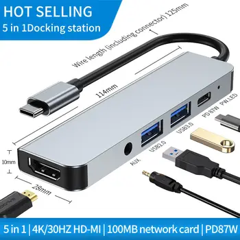 Док-станция 5 в 1 OTG USB C Концентратор USB Type C-HDMI-совместимый Адаптер 4K Для наушников PD 87W 3.0 для Macbook Pro/Air iPad