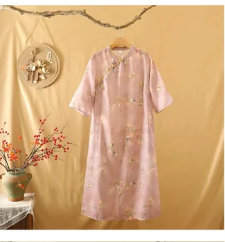 Женские платья, винтажное цельное платье с воротником-стойкой, коротким рукавом и розовым принтом, традиционное китайское платье чонсам