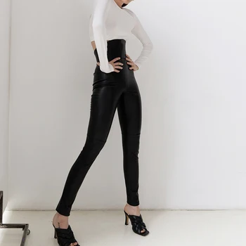 Женские эластичные брюки из искусственной кожи с высокой талией, элегантные модные брюки-карандаш, эластичные леггинсы, женская уличная одежда