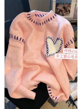 Женский свитер Осень-зима 2022 Sweet Pink Love, Новый Свободный вязаный джемпер с длинным рукавом, рубашка, пуловер средней длины, топы, свитер
