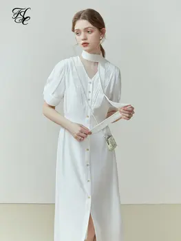 Женское белое платье с V-образным вырезом FSLE, французское Темпераментное платье для женщин, летний дизайн, Пригородный стиль, Элегантное офисное женское платье-рубашка для женщин