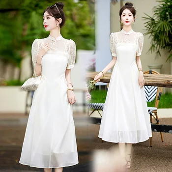 Женское длинное платье 2023, новые летние женские кружевные платья в стиле пэчворк с коротким рукавом