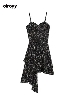 Женское платье с высокой талией и нерегулярными бретельками, черные мини-платья с цветочным рисунком и открытой спиной, Весенняя новая Сексуальная тонкая дизайнерская одежда