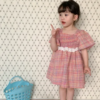 Корейские платья для девочек 2023, летняя детская одежда, Детские платья принцессы в клетку с квадратным воротником и короткими рукавами с кружевными оборками
