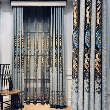 Королевские классические аристократические синие вышитые высококачественные плотные шторы для гостиной с роскошной вуалевой занавеской для спальни