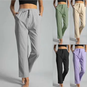 Летние Женские Свободные брюки, повседневные брюки с высокой эластичной талией, эластичный карман на шнурке, широкие брюки, женские однотонные брюки