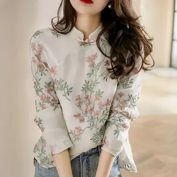 Модная элегантная женская рубашка с вышивкой с длинным рукавом Весна Осень Свободная винтажная Повседневная блузка с воротником-стойкой Женская одежда