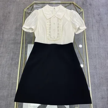 Модное классическое платье контрастного цвета с рукавами-пузырями, новинка сезона весна-лето 2023 г.