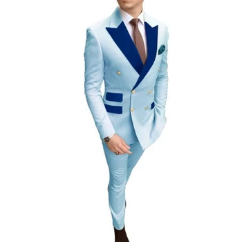 Мужской костюм из 2 предметов, приталенный на каждый день, с темно-синим отворотом для деловой свадьбы, смокинг жениха на выпускной, блейзер с брюками