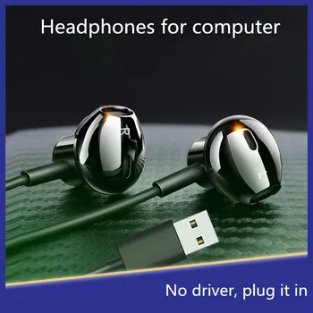 Новые проводные наушники-вкладыши USB с микрофоном, стерео наушники с тяжелыми басами для компьютера, планшетов, ноутбуков, настольной гарнитуры с шумоподавлением