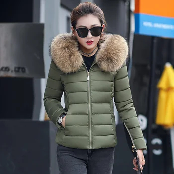 Осеннее женское пальто с меховым воротником, зимняя куртка с капюшоном и хлопковой подкладкой, женская короткая верхняя одежда, базовая куртка