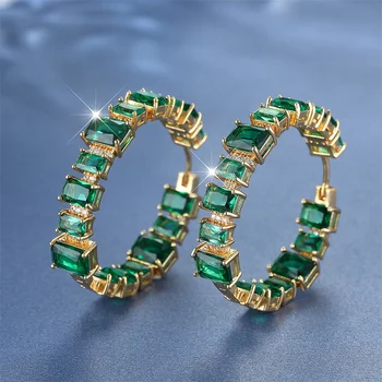 Очаровательные женские модные серьги-кольца из желтого золота, свадебные серьги с милыми зелеными кристаллами для женщин