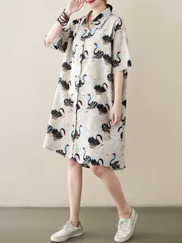 Платья-блузки из хлопка и льна с отворотом Оверсайз с коротким рукавом Для женщин, Повседневное Свободное летнее платье-рубашка Миди, элегантная одежда 2023