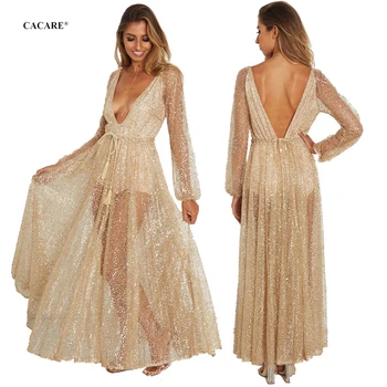 Сексуальное женское длинное платье с блестками 2021, блестящие макси-платья с длинным сетчатым рукавом, для вечеринок в стиле бохо, F0054, глубокий V-образный вырез, большой прозрачный подол и спинка