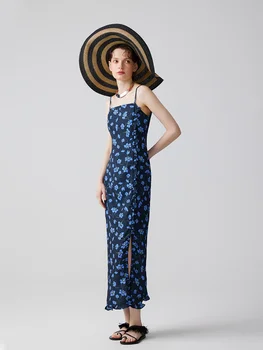 Французское 2-цветное цветочное минималистичное платье с разрезом на бретелях с высокой талией, летнее платье без рукавов с запахом на ягодицах, длинная юбка