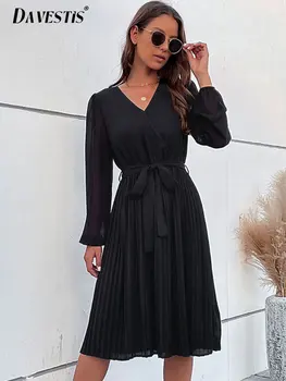 Черное женское платье с V-образным вырезом 2023, Весенне-летнее модное повседневное свободное тонкое платье миди, женское сетчатое платье с длинными рукавами