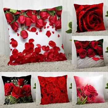 Чехол для подушки с цветком красной розы, домашнее свадебное украшение, Диван-кровать, Поясничная наволочка, наволочка с принтом красной розы из полиэстера, Наволочка с принтом красной розы