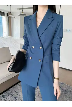 Модный женский брючный костюм, официальная женская офисная деловая рабочая одежда, блейзер и брюки, Черный Синий комплект из 2 предметов с карманом